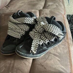 Lanvin Black and White Sneakers with Checkered Laces comes with box